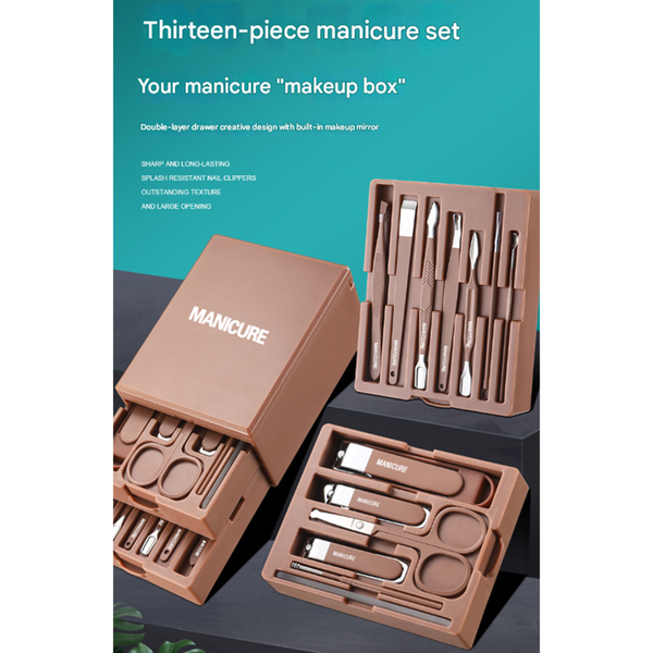 Yellow Premium 13 In 1 Manicure And Grooming Kit Professional Carbon Steel Pedicure Set With Dual Drawer Case Mirror Manicure & Pedicure Tools & Kits