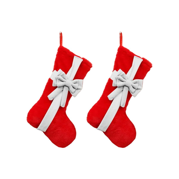 2 Pcs Red Stitching White Bow Luxurious Velvet Christmas Stocking With Elegant Large 45Cm Holiday Mantel Decoration Seasonal Decorations