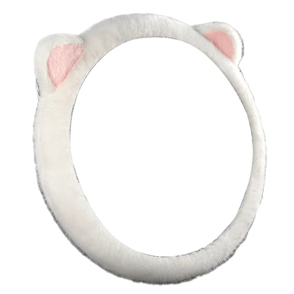 White Plush Cat Ear Steering Wheel Cover Cute & Fuzzy Winter Grip Universal 38Cm Fit Steering Wheel Covers
