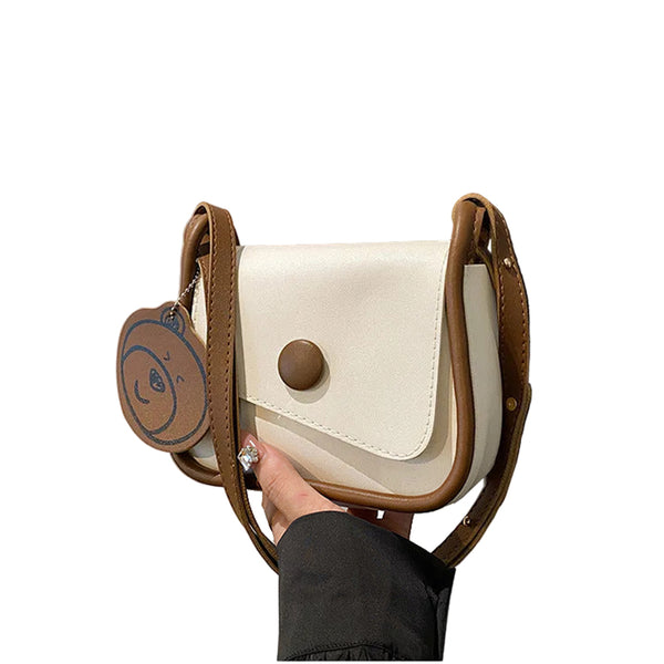 White And Brown Chic Pu Leather Crossbody Bag With Cute Bear Charm Adjustable Strap Shoulder Purse Women's Bags & Handbags