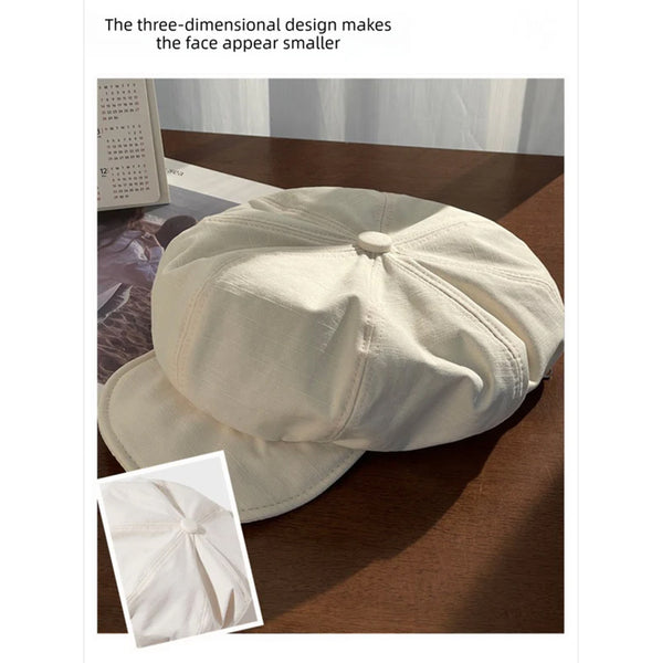 Women's Black Newsboy Cap Upf50+ Sun Protection Cotton Blend Octagonal Beret Hat Adjustable Breathable Baker Boy Style With Cute Button Detail Hats