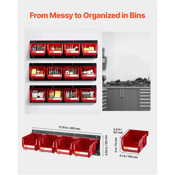 Wall Mounted Storage Bins 12 Plastic And 3 Metal Rails Hanging Stackable For Screws Nuts Bolts Nails Hardware Tool Organiser Workshop Craft Room Garag