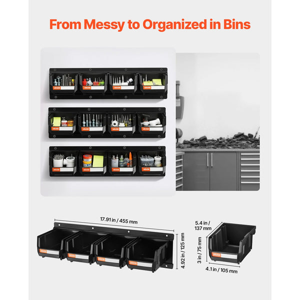 Wall Mounted Storage Bins 12 Plastic And 3 Metal Rails Hanging Stackable For Screws Nuts Bolts Nails Hardware Tool Organiser Workshop Craft Room Garag