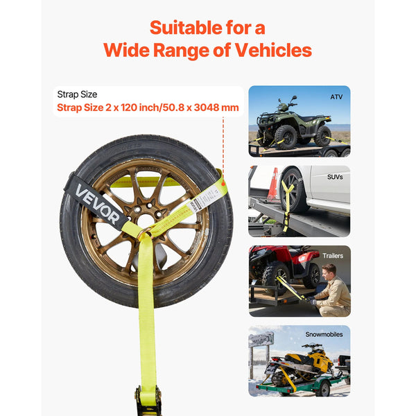 Wheel Chock Tie Down Kit Tire Style Motorcycle System Car With Flat Hook Break Strength 4540 Kg & Working Load 1512 Trailer Strap For Atvs Suvs Traile