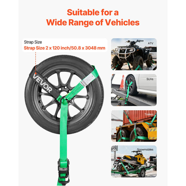 Wheel Chock Tie Down Kit Tire Style Tow Dolly Strap Car With Heavy Duty Hook Break Strength 4540 Kg & Working Load 1512 Motorcycle System O Ring For A