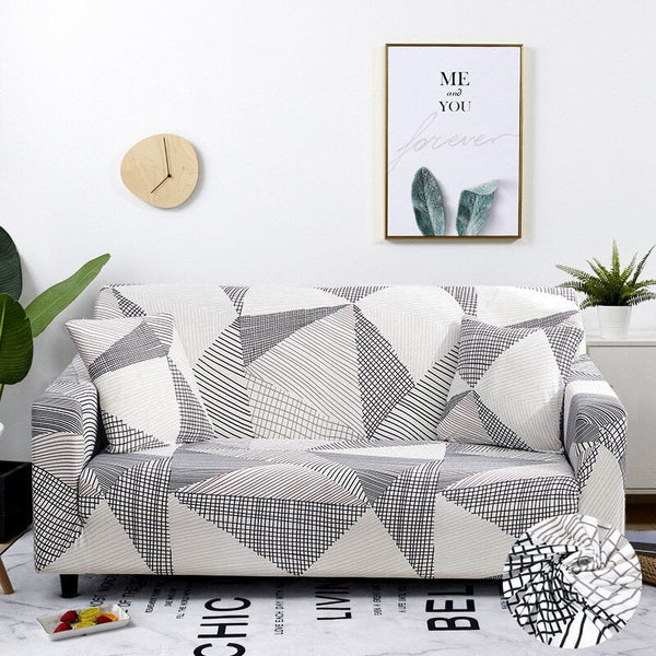2 Seater Sofa Cover White Geometric Style Elastic Stretchable Slipcover Slipcovers