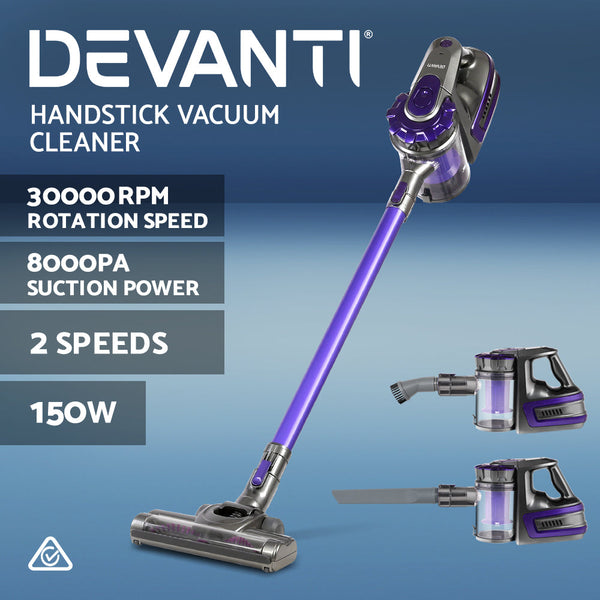 Devanti 150 Cordless Handheld Stick Vacuum Cleaner 2 Speed Purple And Grey Vacuum Cleaners