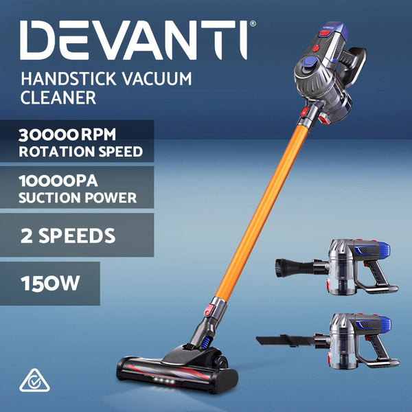 Devanti Handheld Vacuum Cleaner Cordless Stick Handstick Car Bagless 2 Speed Led Headlight Gold Vacuum Cleaners