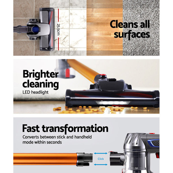 Devanti Handheld Vacuum Cleaner Cordless Stick Handstick Car Bagless 2 Speed Led Headlight Gold Vacuum Cleaners