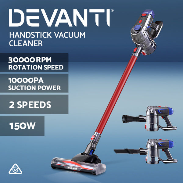 Devanti Handheld Vacuum Cleaner Cordless Stick Handstick Bagless 2 Speed Headlight Red Vacuum Cleaners