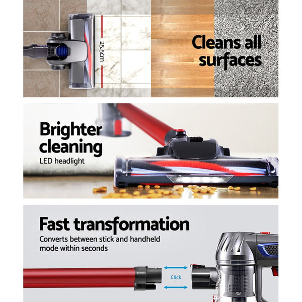 Devanti Handheld Vacuum Cleaner Cordless Stick Handstick Bagless 2 Speed Headlight Red Vacuum Cleaners