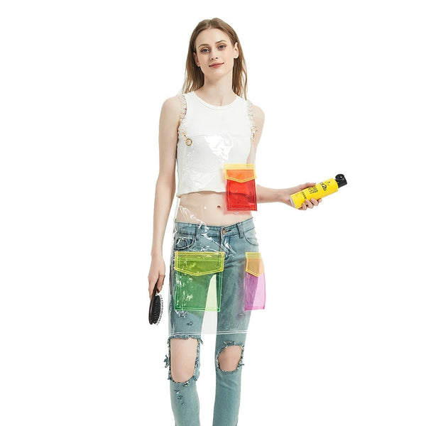 Salon Barber Apron Transparent Green Red 3 Pockets Cross Back Waterproof Salon & Spa Supplies