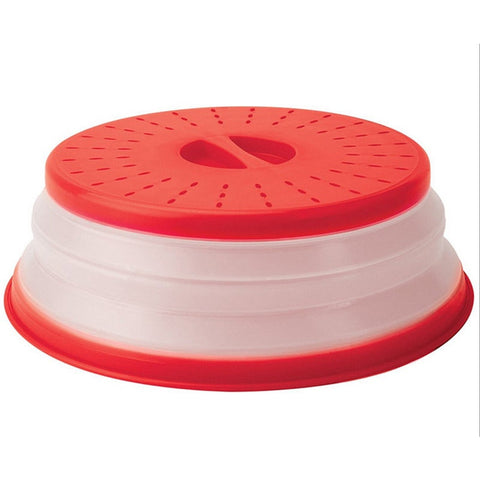 Vented Collapsible Microwave Splatter Proof Food Plate Cover With Easy Grip Handle Dishwasher Safe Bpa Free Silicone Plastic 10.5 Inch Round Red Micro