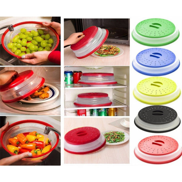 Vented Collapsible Microwave Splatter Proof Food Plate Cover With Easy Grip Handle Dishwasher Safe Bpa Free Silicone Plastic 10.5 Inch Round Red