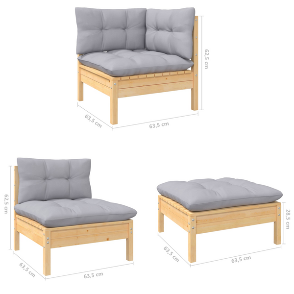 4 Piece Garden Lounge Set With Grey Cushions Solid Pinewood Patio Furniture Sets