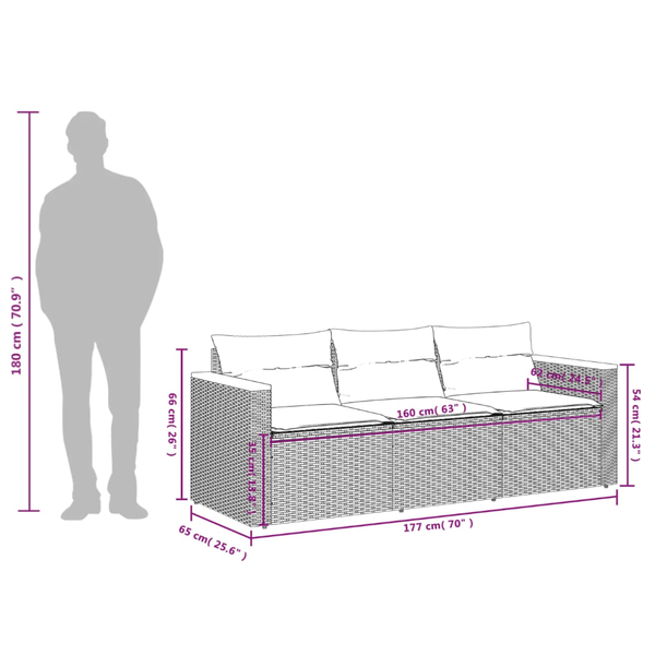 Garden Sofa With Cushions 3 Seater Grey Poly Rattan Patio Chairs