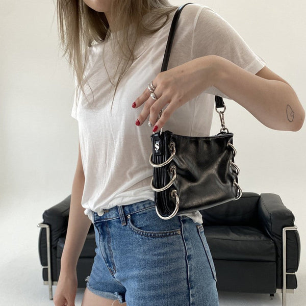 Vintage Baguette Punk Style Women Shoulder Bags Retro Split Leather Solid Ladies Messenger Handbag