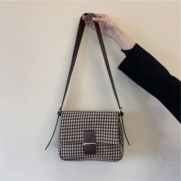 Vintage Messenger Handbags Houndstooth Pattern Women Shoulder Bags Flap Pu Leather Casual Crossbody For
