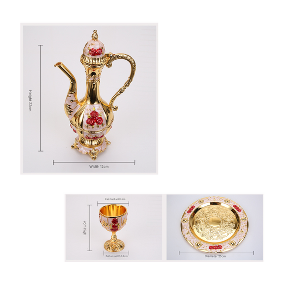 Palace Style Liquor Serving Set Metal Pot 6 Cups & Tray Golden Red Cups & Saucers