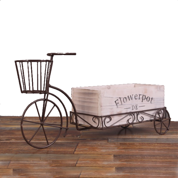 Vintage Tricycle Flower Stand | Wooden Plant Box In Metal With Basket
