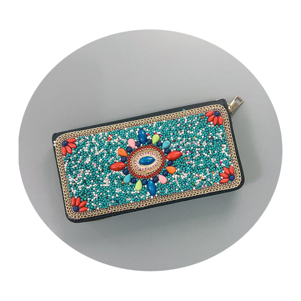 Blue Flowers Ethnic Style Beaded Clutch Handmade Retro Wallet Style 6 Wallets