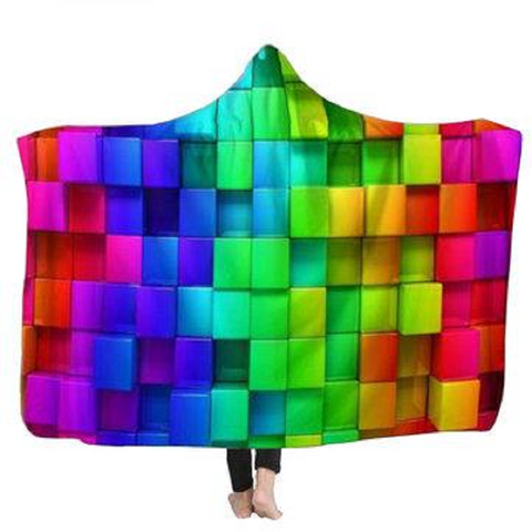 Warm 3D Bright Colourful Cubes Wearable Plush Hooded Blankets