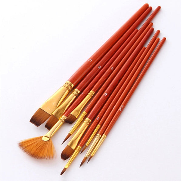 10Pcs/Set Watercolor Brush Pen Nylon Hair Oil Acrylic Painting Brushes Red