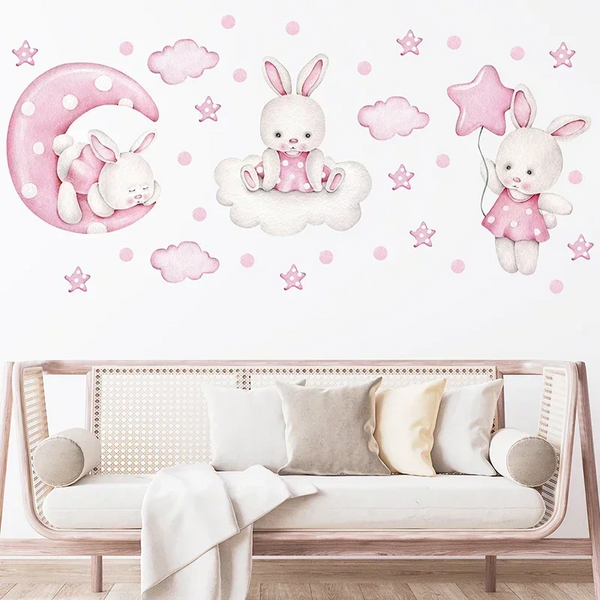Watercolor Soft Pink 3 Bunnies Rabbit Moon Clouds Stars Wall Stickers For Kids Room Decals Wall Decals & Stickers