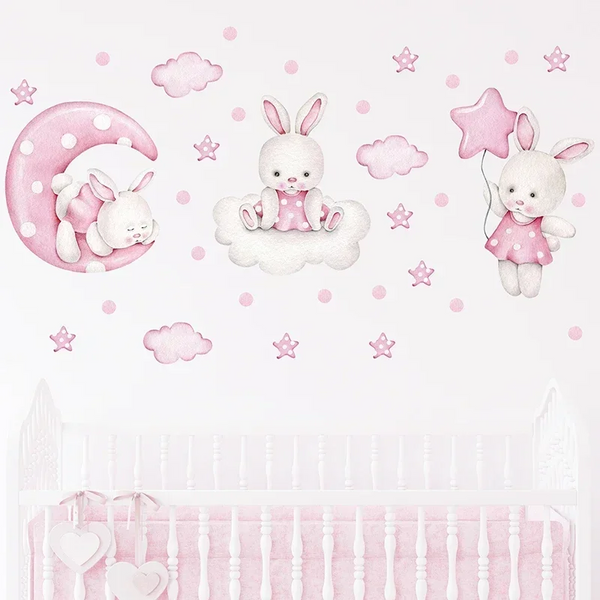 Watercolor Soft Pink 3 Bunnies Rabbit Moon Clouds Stars Wall Stickers For Kids Room Decals Wall Decals & Stickers