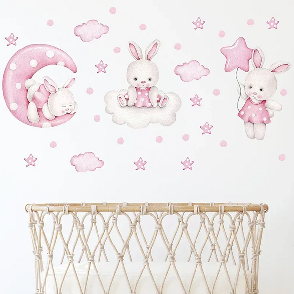 Watercolor Soft Pink 3 Bunnies Rabbit Moon Clouds Stars Wall Stickers For Kids Room Decals Wall Decals & Stickers