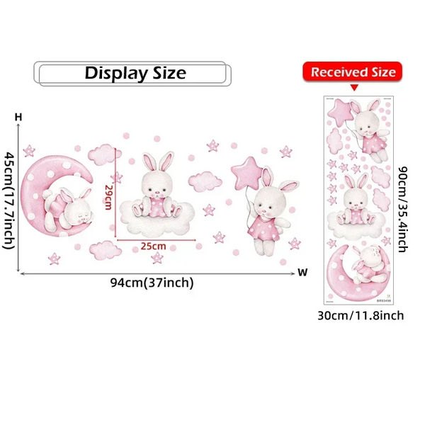 Watercolor Soft Pink 3 Bunnies Rabbit Moon Clouds Stars Wall Stickers For Kids Room Decals Wall Decals & Stickers