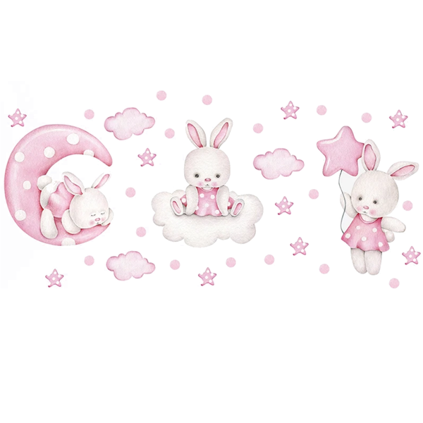 Watercolor Soft Pink 3 Bunnies Rabbit Moon Clouds Stars Wall Stickers For Kids Room Decals Wall Decals & Stickers