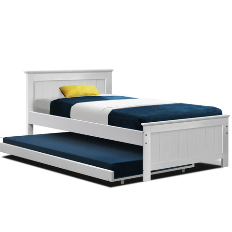 Artiss Trundle Bed Frame Timber Slat King Single Size White King Single Bed Frames