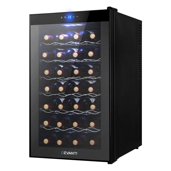 Devanti Wine Cooler 28 Bottles Glass Door Beverage Thermoelectric Fridge Black Wine Fridges