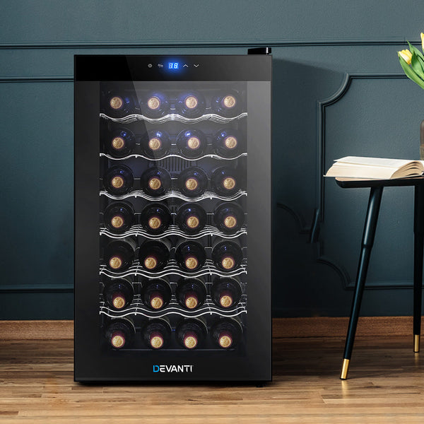 Devanti Wine Cooler 28 Bottles Glass Door Beverage Thermoelectric Fridge Black Wine Fridges