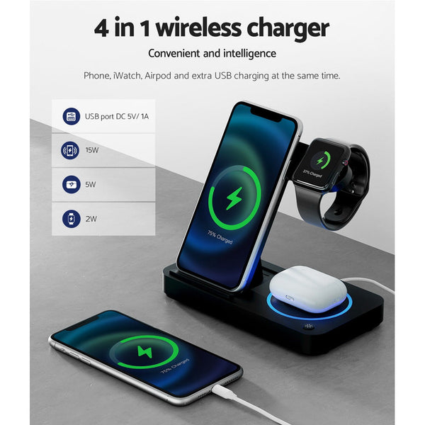 Devanti 4 In 1 Wireless Charger Station Fast Charging For Phone Black Chargers & Cradles