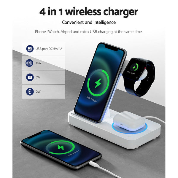 Devanti 4 In 1 Wireless Charger Dock Fast Charging For Phone White Chargers & Cradles