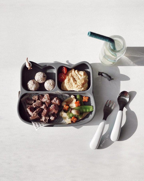 We Might Be Tiny Silicone Divided Plate With Suction Foot Cat Shaped Charcoal Baby Feeding Sets