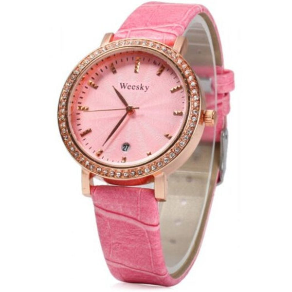 Veile Studios 1212G Diamond Female Quartz Watch With Date Display Golden Case Pink Watches