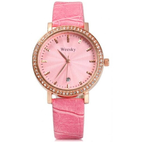 Veile Studios 1212G Diamond Female Quartz Watch With Date Display Golden Case Pink Watches