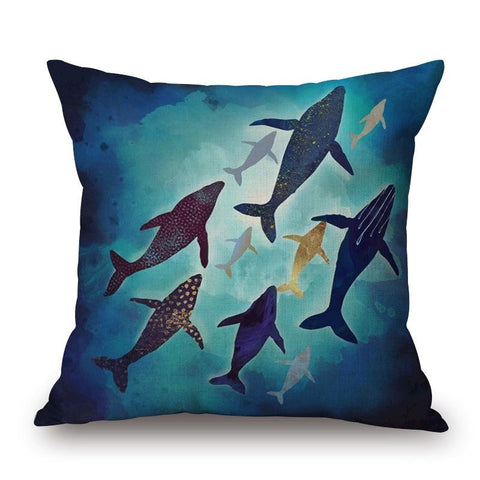 Whales On Marine Life Cotton Linen Pillow Cover