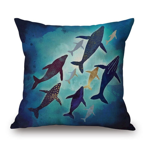 Whales On Marine Life Cotton Linen Pillow Cover Cushions & Decorative Pillows