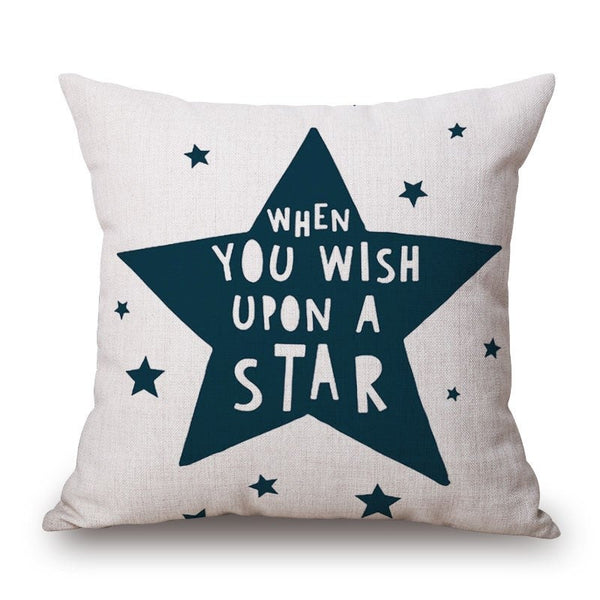 When You Wish Upon A Star Print On Blue Cotton Linen Pillow Cover Cushions & Decorative Pillows