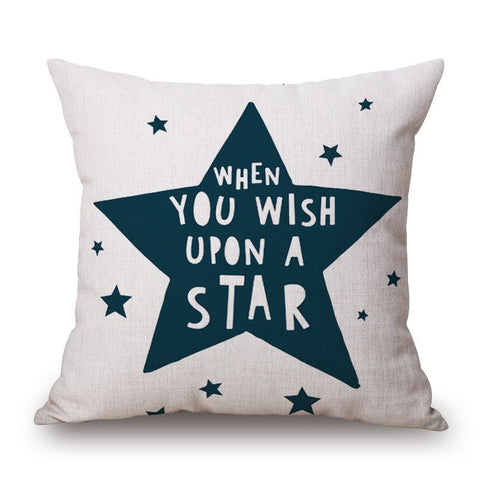 When You Wish Upon A Star Print On Blue Cotton Linen Pillow Cover Cushions & Decorative Pillows
