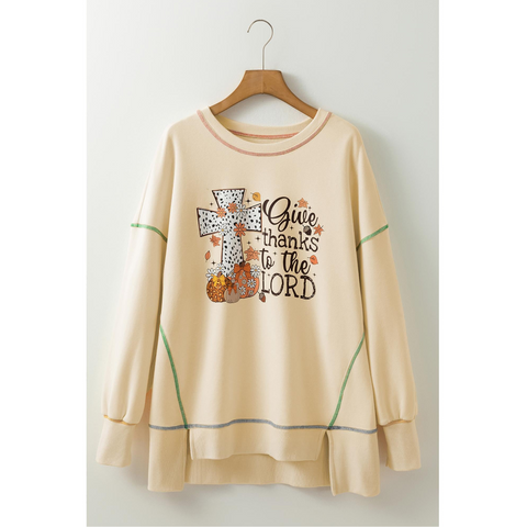 White Give Thanks To The Lord Graphic High Low Hem Loose Sweatshirt M Hoodies & Sweatshirts