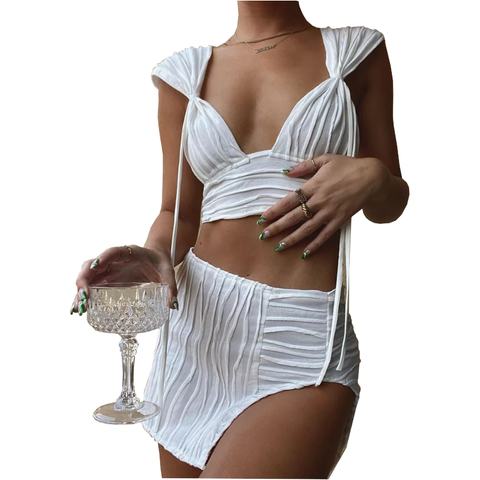 White Pleated Mini Skirt And Crop Top Set Women