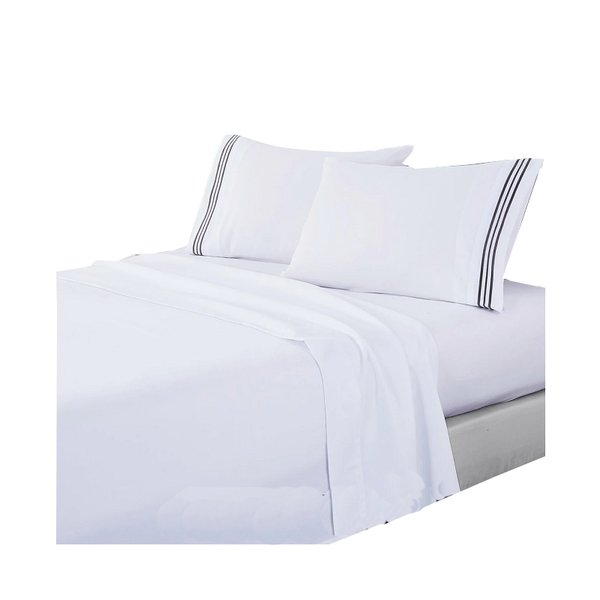 White Soft Microfibre Sheet Set With Colourful Embroidered Stripe King Charcoal Sheets