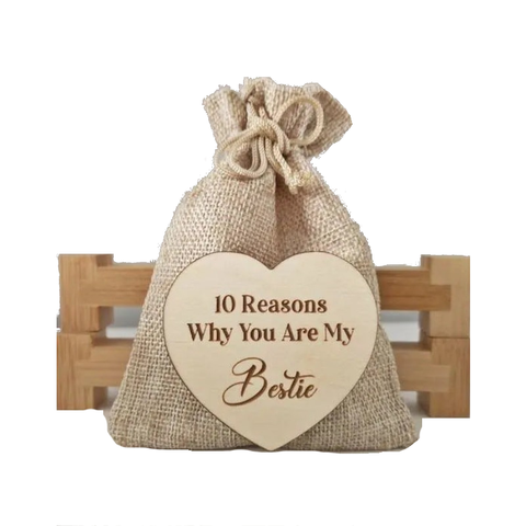 Why You Are My Bestie Jute Bag With Hearts Wood Chip Token