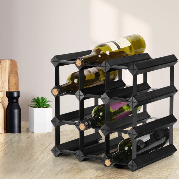 Artiss 12 Bottle Timber Wine Rack Wooden Storage Wall Holders Cellar Black Racks
