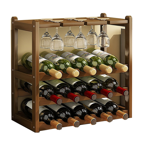 Wine Rack Free Standing 15 Bottles With 6 Glasses Holder Bamboo Storage